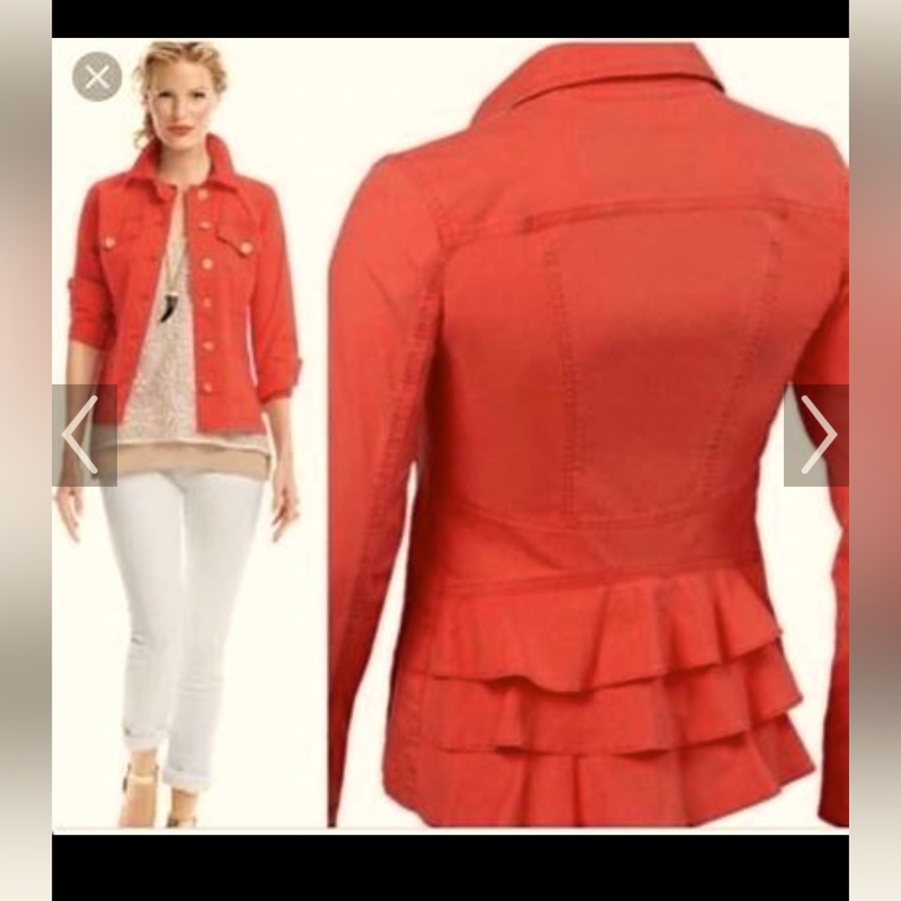 Cabi Red Utility jacket with gold buttons & cute back ruffle.